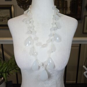 Joan Rivers White Glass Bead Long Torsade Necklace Faceted Drops Statement